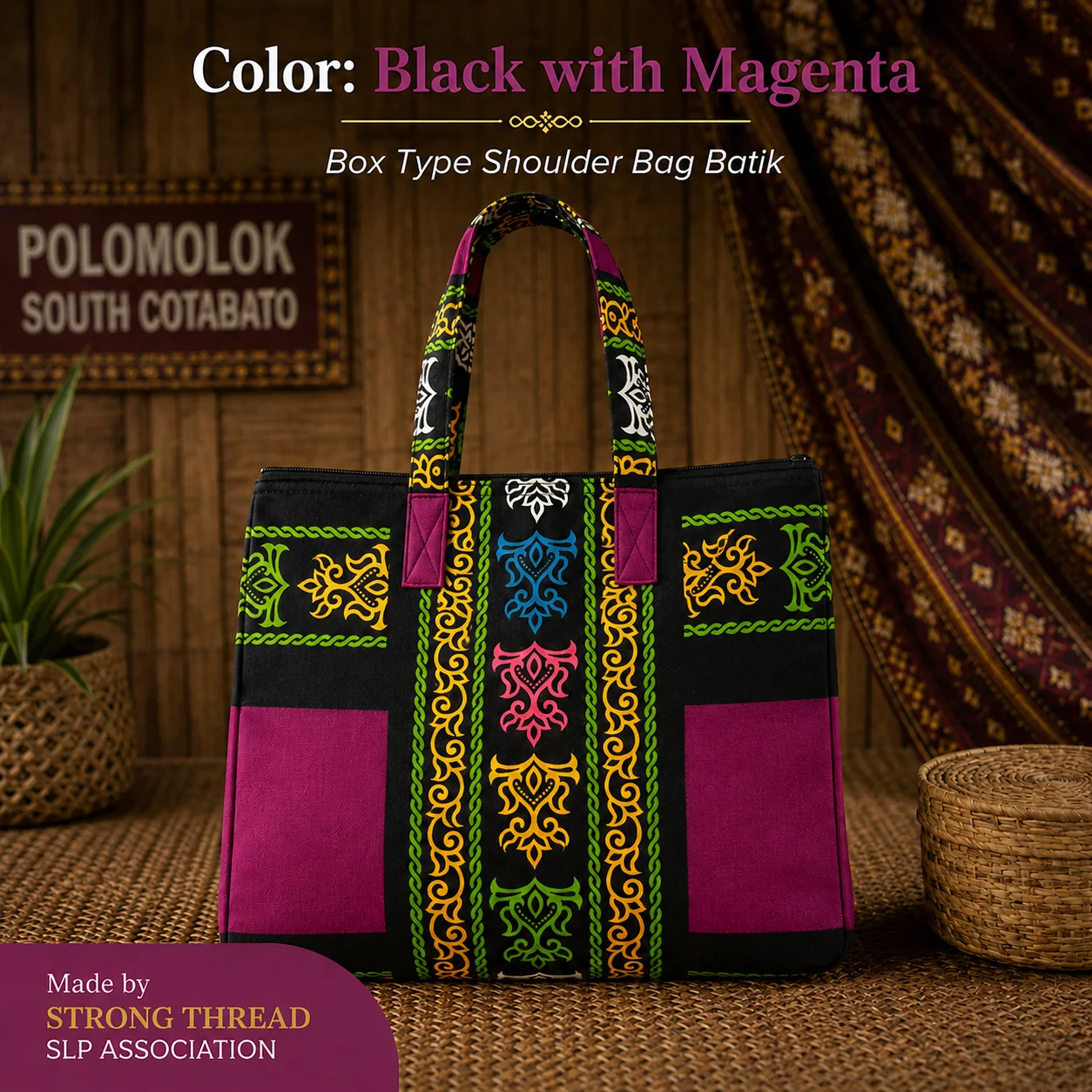 Box Type Shoulder Bag Batik (Black with Magenta)
