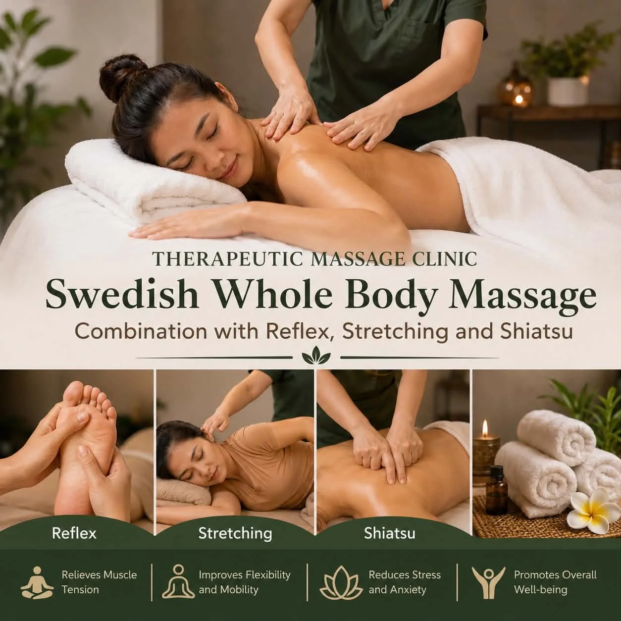 Swedish Whole Body Massage Combitation with Reflex, Stretching and Shiatsu