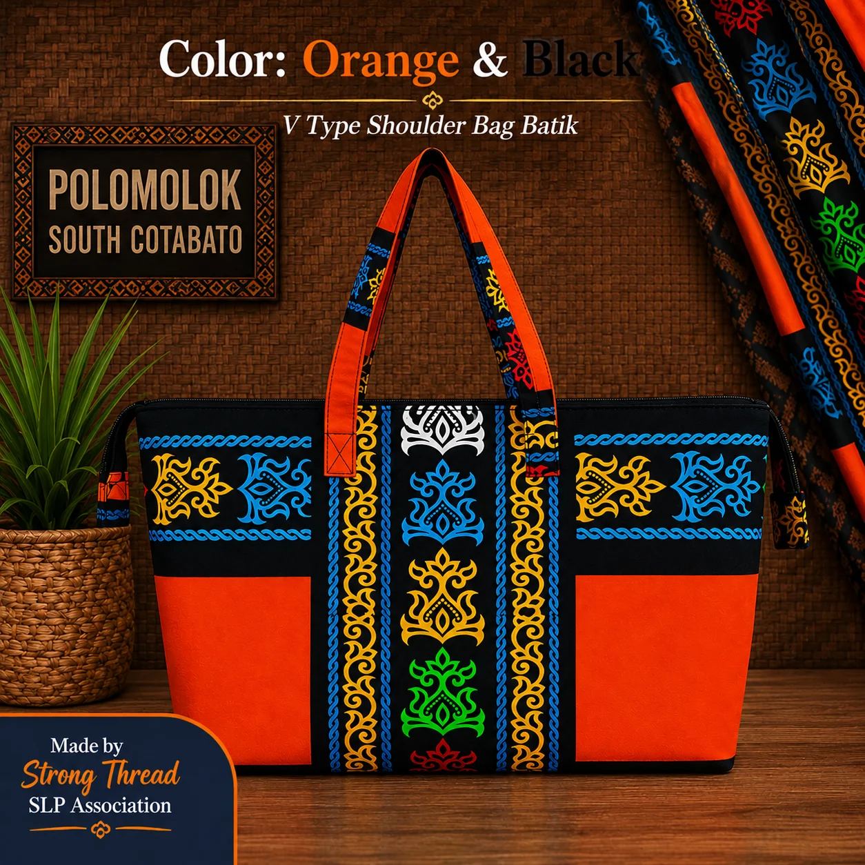 V Type Shoulder Bag Batik (Orange and Black)