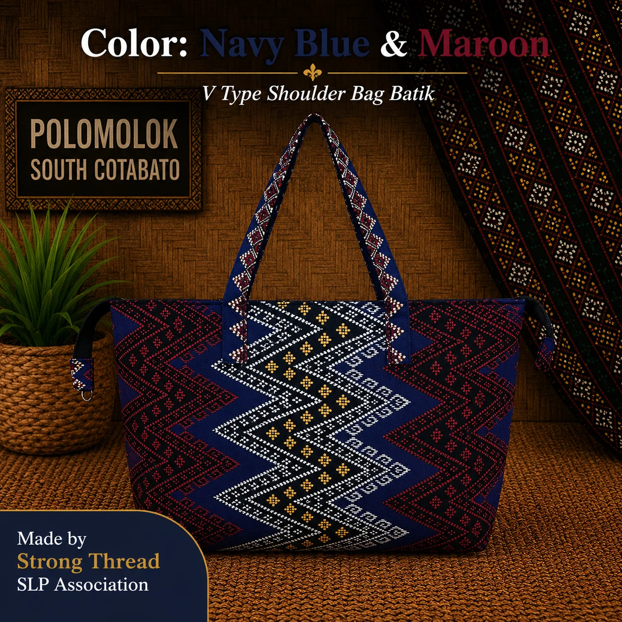 V Type Shoulder Bag Batik (Navy Blue and Maroon)