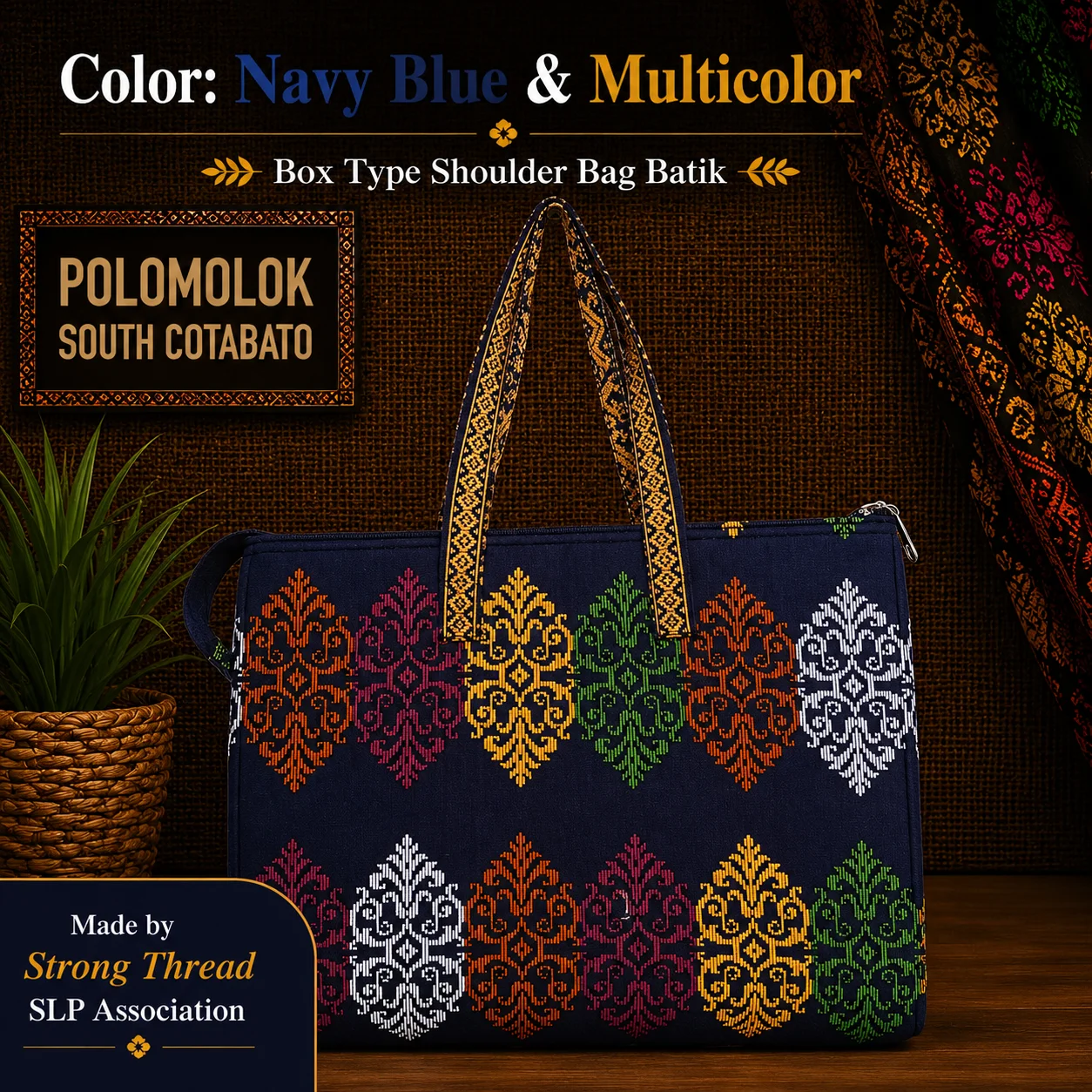 Box Type Shoulder Bag Batik (Navy Blue and Multicolor)
