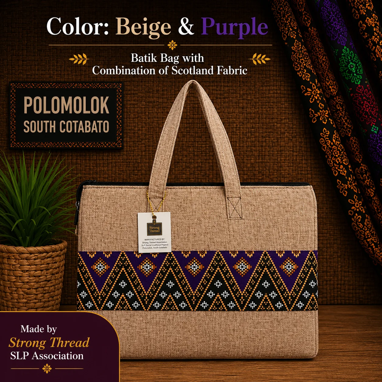 Batik Bag with Combination of Scotland Fabric (Beige and Purple)