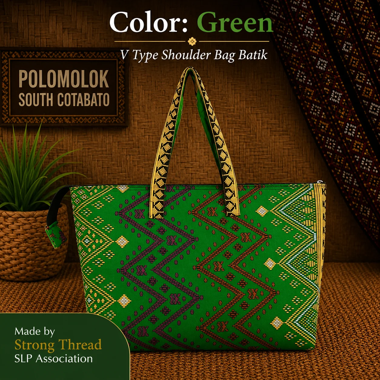 V Type Shoulder Bag Batik (Green)